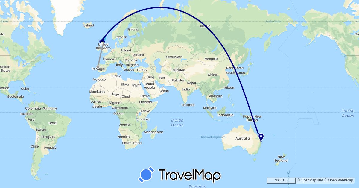 TravelMap itinerary: driving, plane, boat in Australia, United Kingdom, Portugal (Europe, Oceania)