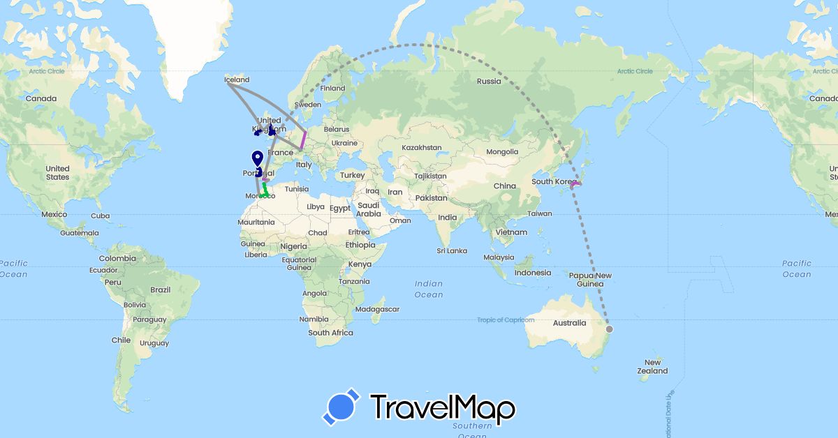 TravelMap itinerary: driving, bus, plane, train in Austria, Australia, Germany, Spain, United Kingdom, Ireland, Iceland, Japan, Morocco, Portugal (Africa, Asia, Europe, Oceania)